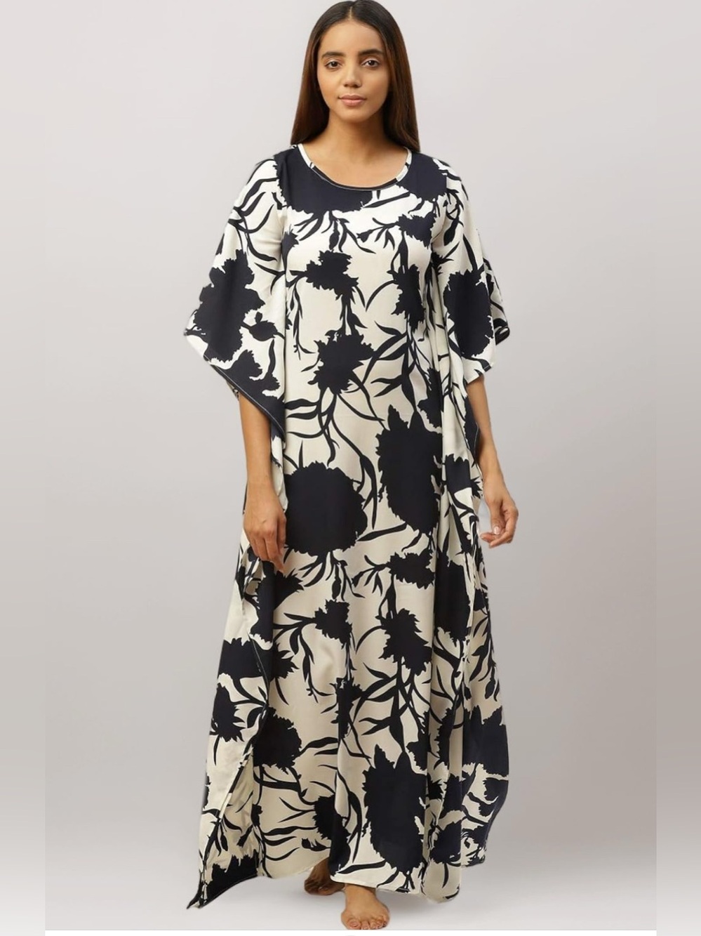 Cottinfab Navy Blue & Off-White Floral Print Kaftan Maxi Nightdress large
